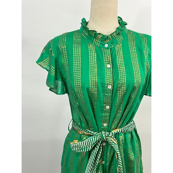 OLIPHANT L Large Pixie Green Gold Ruffle Collar Maxi Dress Belted Short Sleeve - Picture 7 of 9